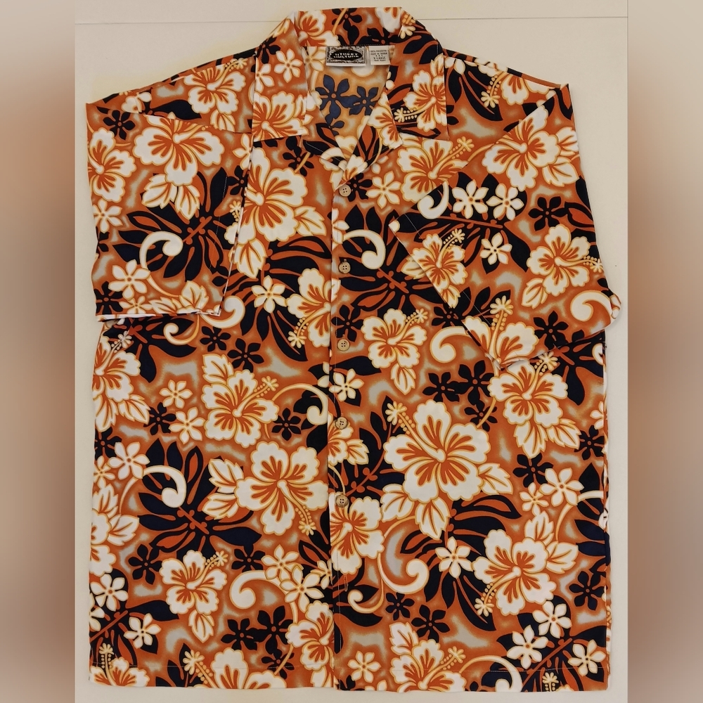 Vintage Street Culture XL orange & navy bright Hawaiian floral button up shirt.